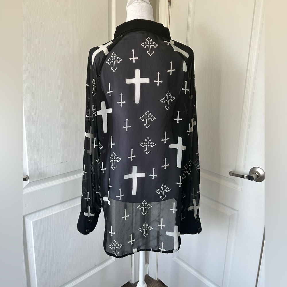 Marisol edgy Goth rock, sheer blouse cross design, black white top women’s large - Picture 3 of 14